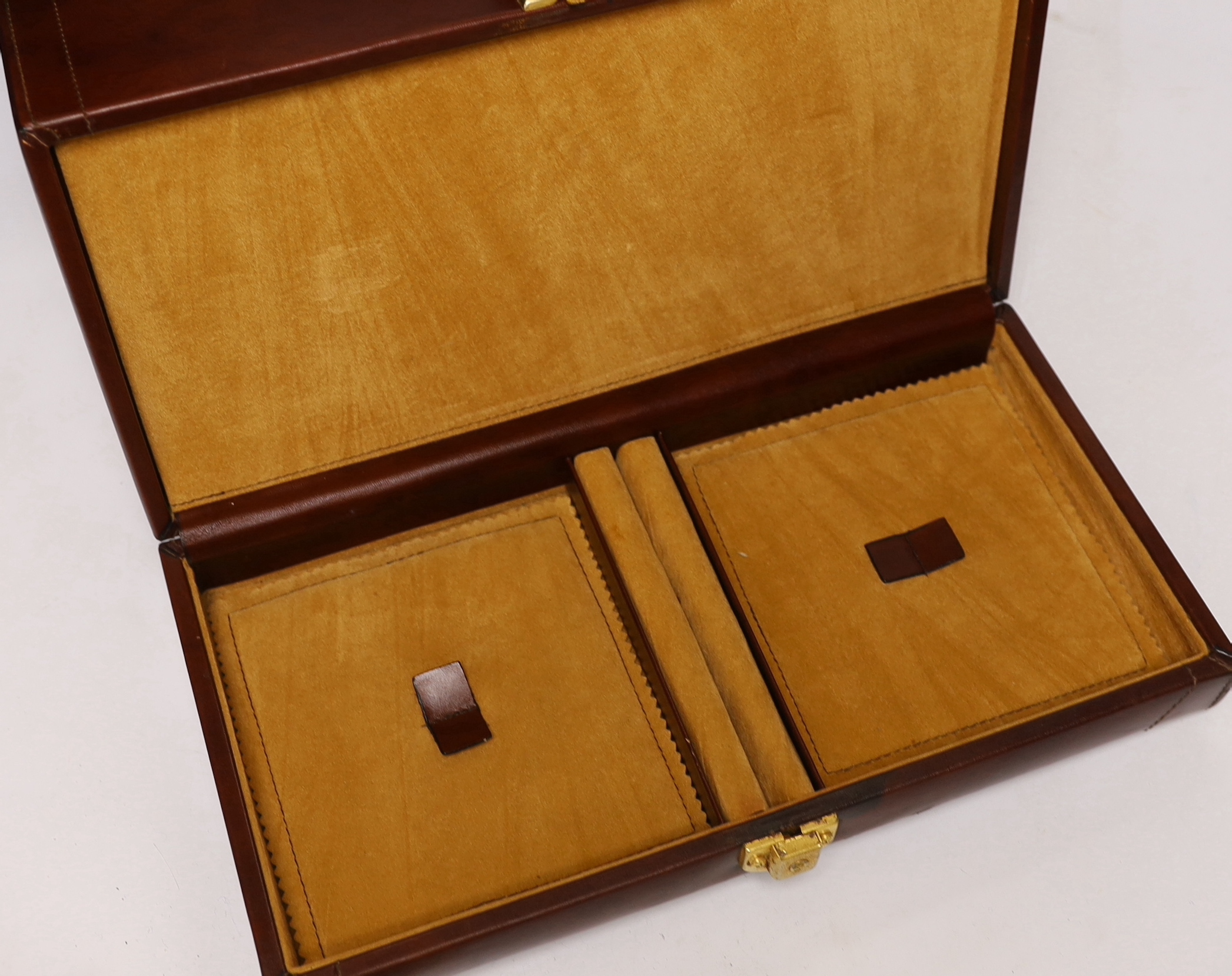 Hermes boxed red leather pen case, a Samsonite black hard plastic overnight case and a brown leather vanity/jewllery case, largest 34cm high